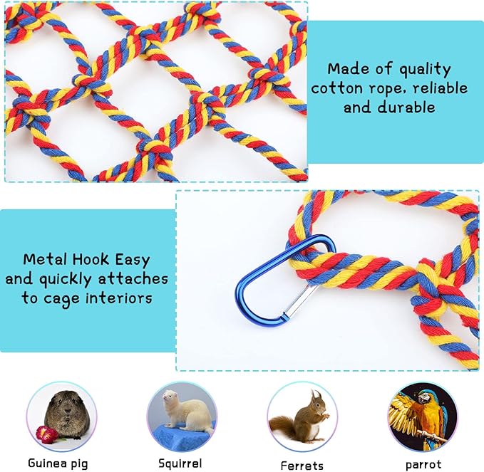 2 Pcs Rat Cage Accessories Rat Climbing Bird Rope Toys Net Pet Hanging Hammock for Hamster, Mice, Parrot, Bird, Sugar Glider, Ferret, Small Animals Habitat Decor and Play(11 x 7.8 Inch,Red, Yellow)