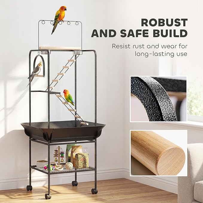 PawHut 64" H Rolling Bird Stand Parrot Playstand with Seed Guard & Wheels, Steel Bird Playground Gym with Ladders, Swing, Toy Hook & Bowls, Large Parrot Perch for Cockatiels, Conures, Parakeets