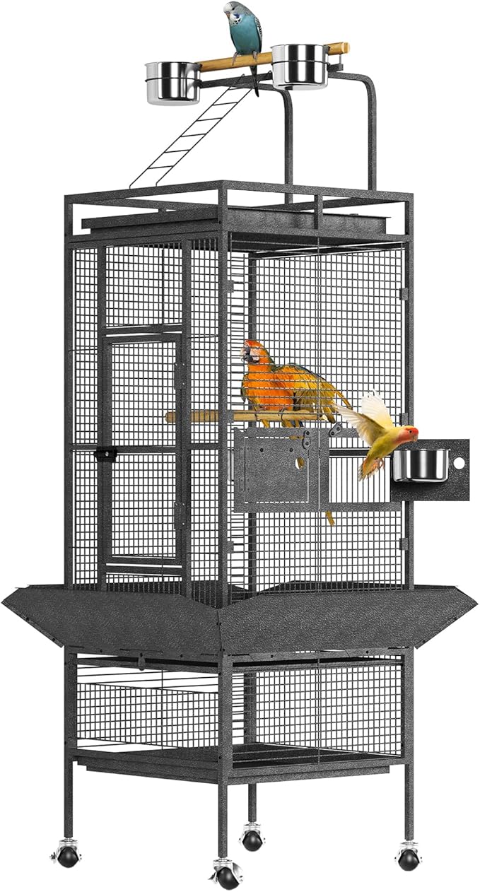 61" Large Bird Cage, Metal Parrot Cage with Play Top, Rolling Stand & Bowls - Bird Aviary for Parrots, Conures, Cockatiels, Parakeets, Indoor Outdoor Aviary for Outside Yard Garden Porch, Black/Silver