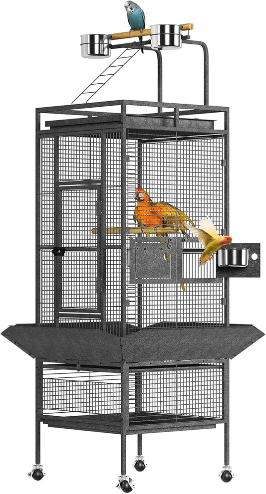 61" Large Bird Cage, Metal Parrot Cage with Play Top, Rolling Stand & Bowls - Bird Aviary for Parrots, Conures, Cockatiels, Parakeets, Indoor Outdoor Aviary for Outside Yard Garden Porch, Black/Silver