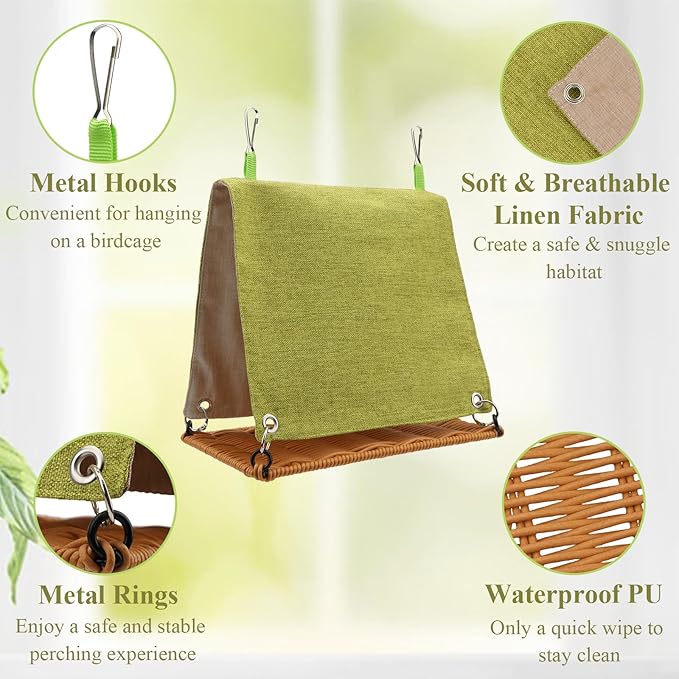 Hypeety Bird Nest Parakeet Tent for Cage Cozy Warm Bird Bed Hut Hideaway with Hanging Hook Washable Bird Cage Accessories Soft Snuggle Nest for Cockatiel Lovebird Conure Budgie Habitat (Green, L)