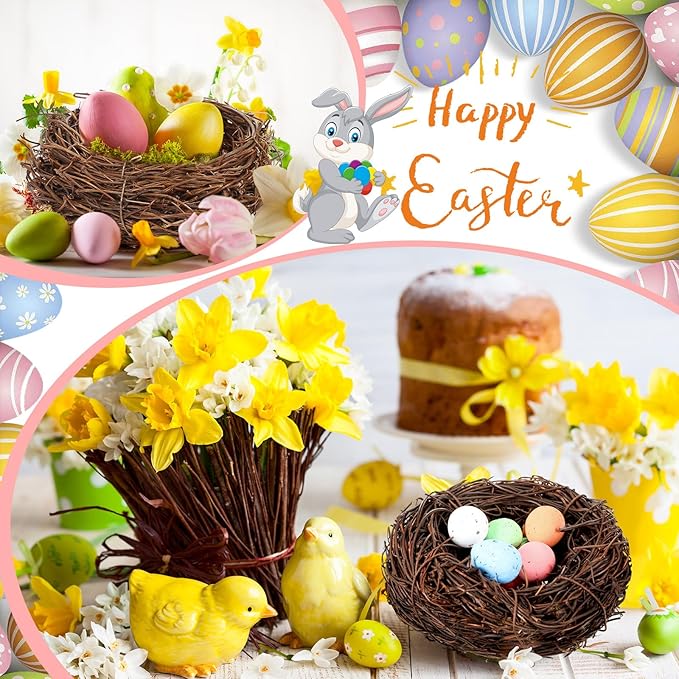 Simgoing 12 Pcs Birds Nests with 100 Pcs Easter Eggs, Mini Artificial Bird Nest for Crafts, Easter, Party, Wedding, Faux Rattan Nest Decorating(3.2 Inch)