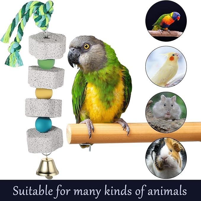 Sanwuta 4 Pack Bird Toy Bird Beak Grinding Stone Parrot Chewing Toys with Bell Bird Cage Accessories Parrot Beak Stone Lava Block Calcium Stone for Parakeet Cockatiel Conure Hamster Chinchilla Rabbit