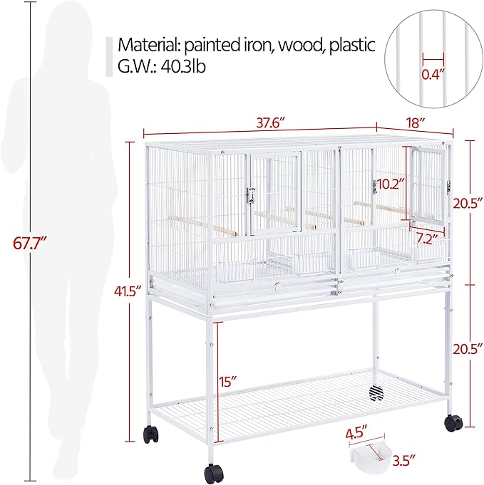 Topeakmart Divided Breeder Bird Cage for Parakeet Canary Lovebird Finch Budgie with Detachable Rolling Stand, White