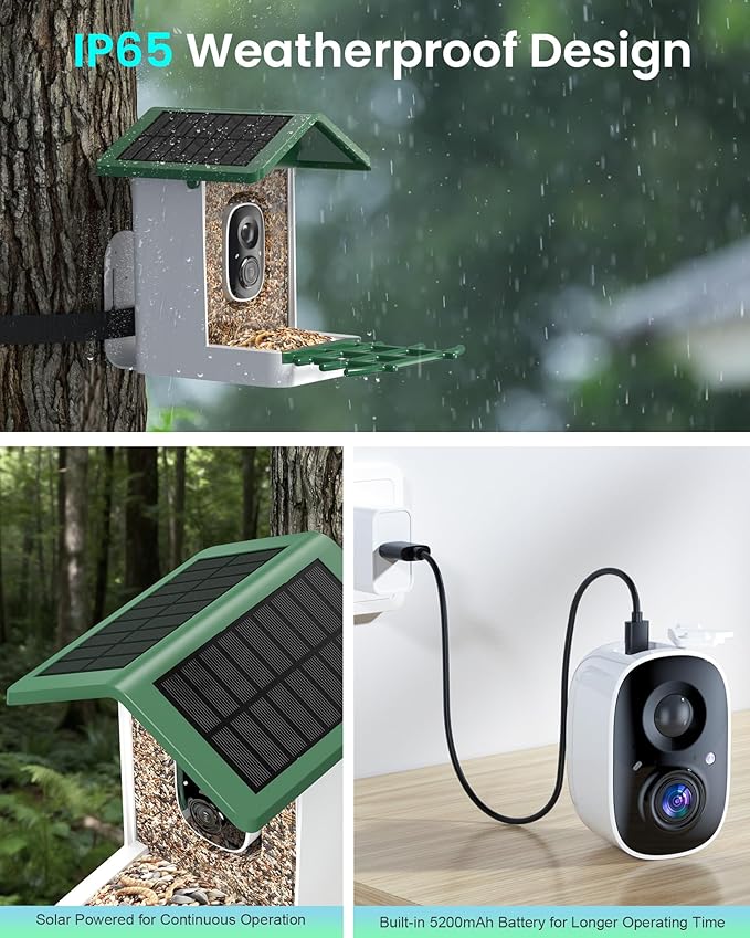 isYoung Smart Bird Feeder with Camera, 2.5K QHD, AI Identify 16000+ Birds,Dual Solar Panel, AI Auto-Capture & Motion Detection, IP65 Weatherproof,170° Field of View, Perfect Bird Watching Gift
