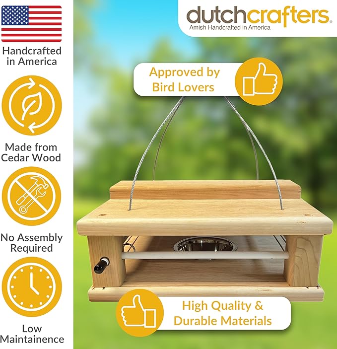 DutchCrafters Cedar Wood Covered Hanging Bluebird Feeder for Mealworms with Food Cup, Enclosed Wooden Dried Mealworm Feeder for Bluebirds for Outdoors