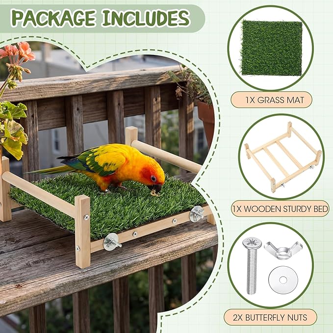AceOrbit Bird Foraging Bed with Grass Mat 9.06 x 7.87 x 3.94 Inch Parrot Foraging Toy Hammock Bed Wood Frame Easy Install with Hardware Kit for Small Birds Cage Enrichment