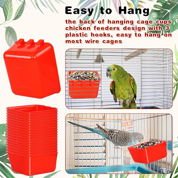 20 Pcs Hanging Chicken Waterer 16oz Small Poultry Feeder Cups for Cage, Plastic Bird Water Dispenser with Hook, Quail Pigeon Parakeet Feeding Supply for Outdoor Coop Indoor Pen (Red)