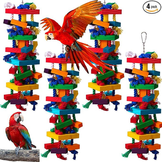 Soulchen 4 Pcs Extra Large Bird Parrot Toy Set Natural Wooden Chewing Toy, Rattan Ball, Wood Nut Loofah String (Bagged) for Large Macaws, African Grey, Amazon Parrots (Colorful Ring)