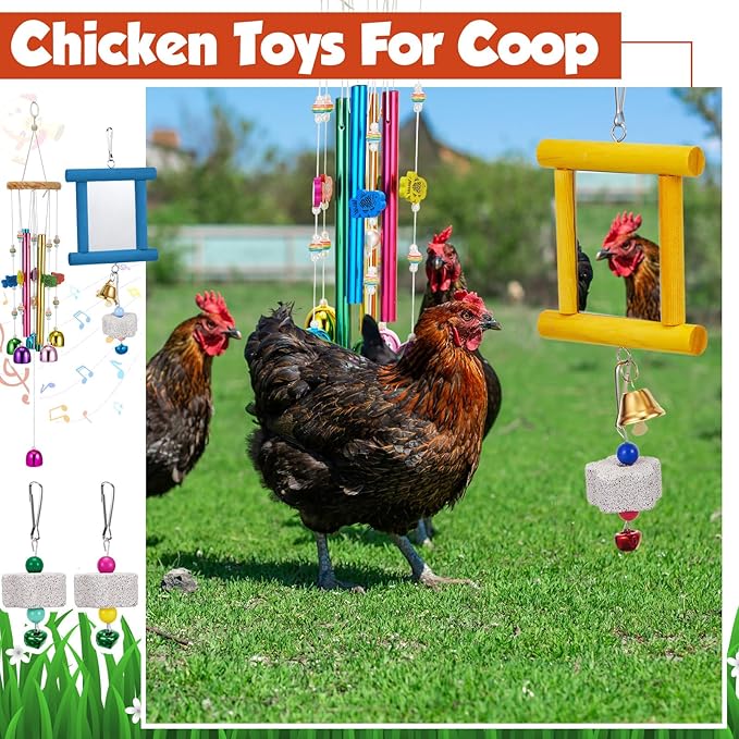 VioraWhite 7 Pcs Chicken Toys, Hanging Chicken Wind Chime, 2 Pcs Coop Mirror Toys with Bells 4 Pack Beak Grinding Stones, Musical Coop Accessories for Hens Roosters Chicks Poultry Birds(Yellow，Blue)