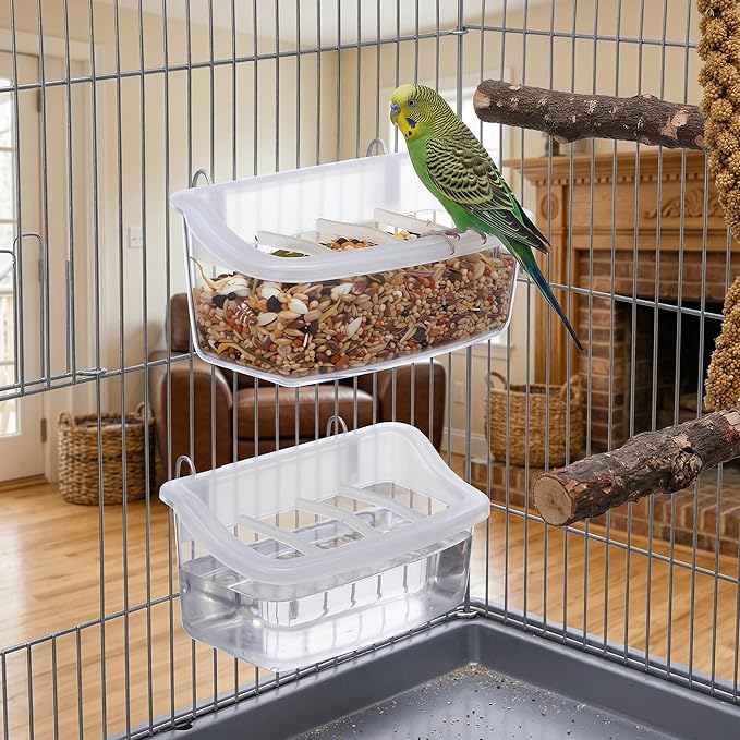 NOLITOY Hanging Bird Feeder for Cage, 2 Pack 4 Compartment Food and Water Bowl Bird Cage Cup, Plastic Feeder Cups for Parakeet Parrot Budgie Canary Pigeon