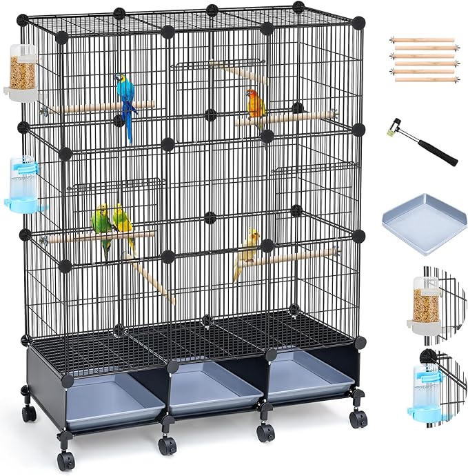 VISCOO Encrypted Bird Cage (46" x 36" x 12"), with Wooden Perches, Metal Parakeet Cage with Slide-Out Tray, Water Bottle&Feeder, Bird Cages for Parrot,Parakeets,Cockatiel,Small Mid-Sized Birds