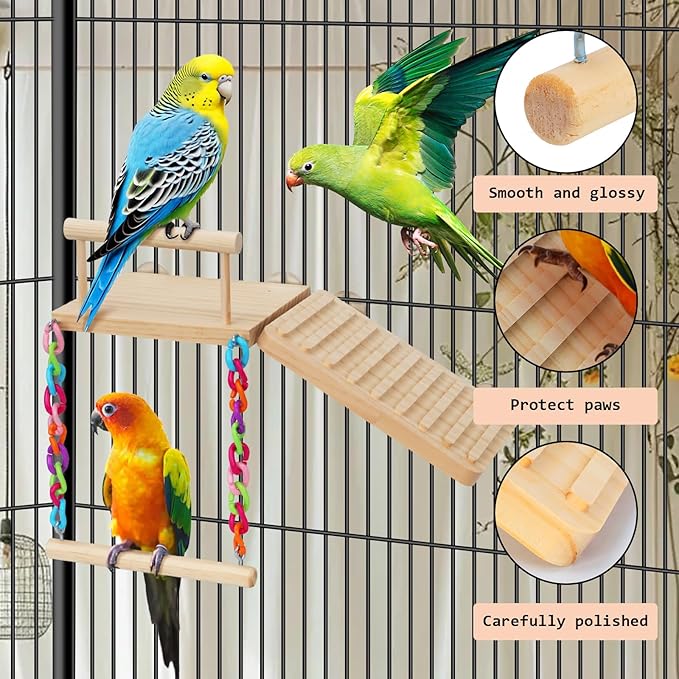 Bird Perches Platform Swing with Climbing Ladder Birds Toys Cage Accessories for Cockatiels, Lovebirds, Pacific Parrotlets,Chinchilla, Hamster Play Gym Exercise Stand