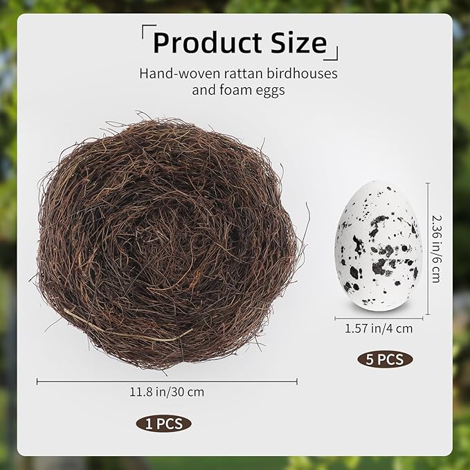 6Pcs 12" Large Artificial Bird Nests with Eggs for Crafts,Handmade Natura Rattan Birds Nest for Spring Decoration Props Garden Yard Home(1 Large Size Nest, 5pcs Eggs)