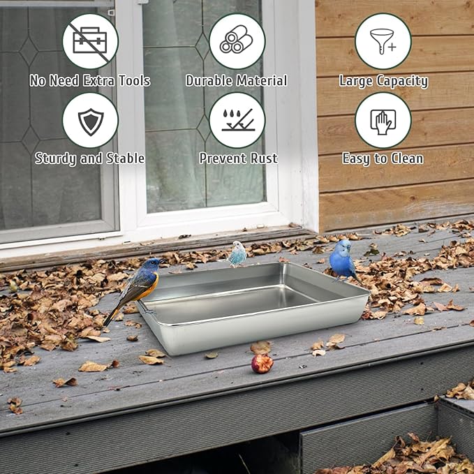 kathson Stainless Steel Bird Bath 16.14"×12.2"×2.36" Metal Bird Bath Tray Pet Bird Cleaning Accessories Bird Bathtub Bird Bath Tray Pet Shower Tub Pigeon Bathtub Bird Cage Bathtub Tray