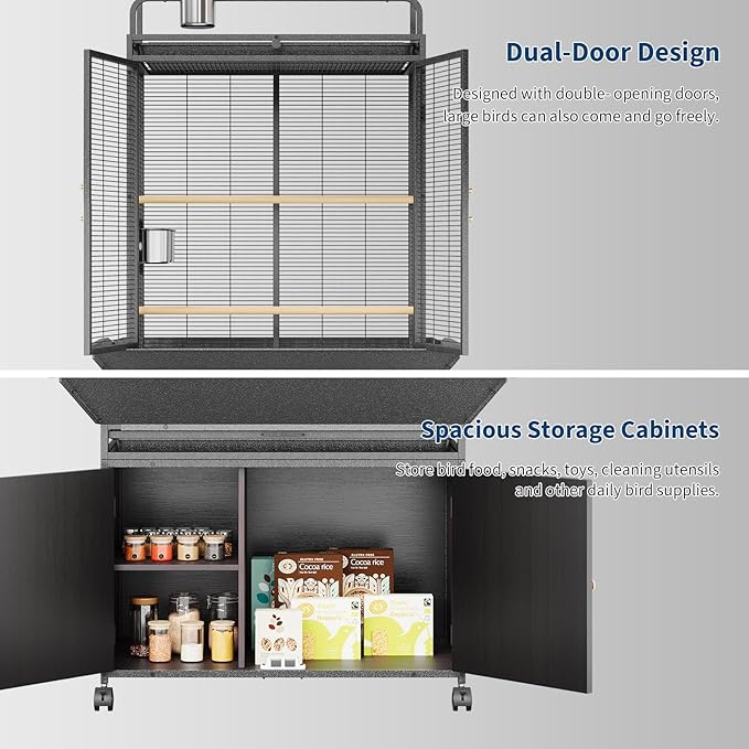 GarveeLife Large Bird Cage, Parakeet Cage with Play Top & Storage Cabinet, Indoor Outdoor Birdcage for Parrot, Cockatiel, Macaw Budgie, Black Walnut Wood