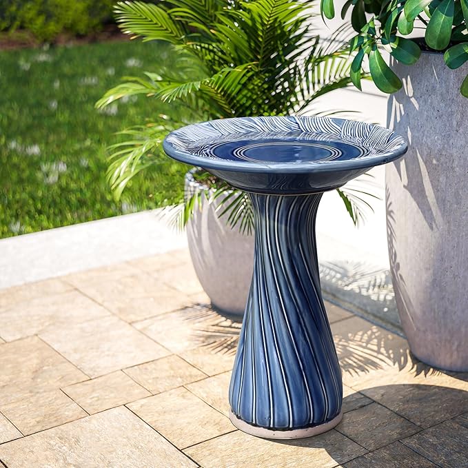 LuxenHome 22 Inch Ceramic Bird Bath for Outside, Elegant Tall Outdoor Bird Bath, Lightweight Pedestal Glazed Birdbaths for Outdoors with Leaves and Swirl Pattern, Blue