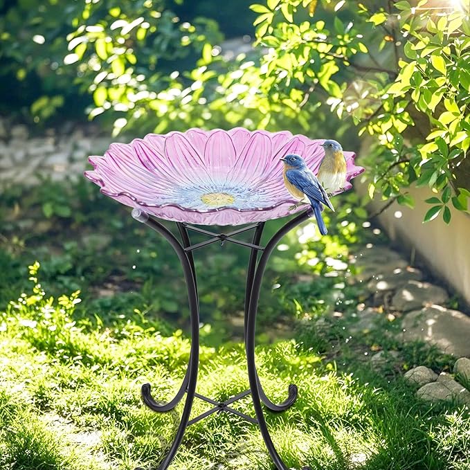 MUMTOP Outdoor Glass Birdbath with Metal Stand for Outside Yard Garden Decor, 18 inch Diameter Pink Bird Baths Bowl for Outdoors, 21 inch Height