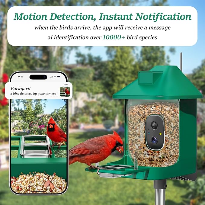Bird Feeder with Camera,2K Live View,WiFi Smart Bird House with Cam Solar Powered for Outdoor,Night Vision,AI Identify,Auto Record Video,Real-Time App Alerts,Birdwatching Gifts for Family,Birds Lover