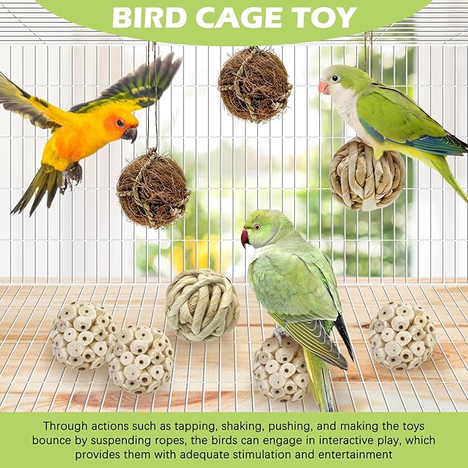 BNOSDM 8PCS Natural Bird Chew Toys Sola Balls Shred Toy Lightweight Conure Foot Toy Interactive Parrot Foraging Toys Bird Chew Balls with Hemp Rope Hook for Budgies Cockatiels Parakeets Senegal