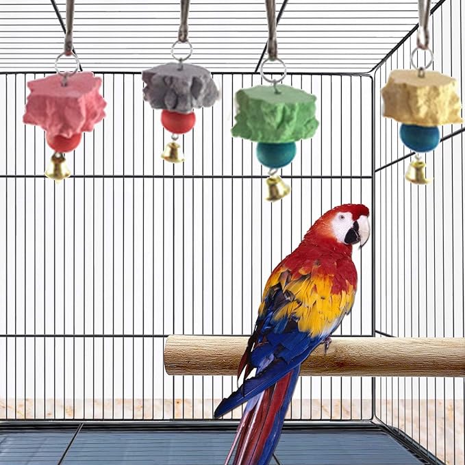 6PCS Bird Grinding Beak Calcium Stone with Bell Rat Mineral Lava Block Trimming Teeth Chewing Toys for Chinchilla Bunny Budgie Cockatiel Parakeet Parrot(Random Delivery of Color)