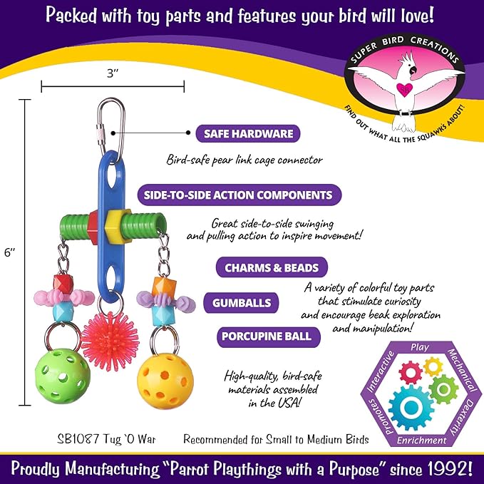 Super Bird Creations SB1087 Tug O' War Bird Toy for Parrotlets, Parakeets, Cockatiels, Lovebirds, Ringnecks, Medium Conures, Quaker, Caiques - Multi-colored toys - Small/Medium Bird Size, 6" x 3" x 1"