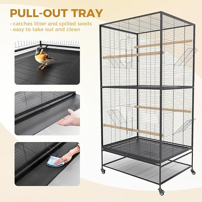 GarveeHome 66 Inch Large Bird Cage, Bird Cage with Rolling Storage Stands, Feed Bowls, Wide Tall Parrot Cage for Parakeets, Conures, Cockatiel, Cockatoo