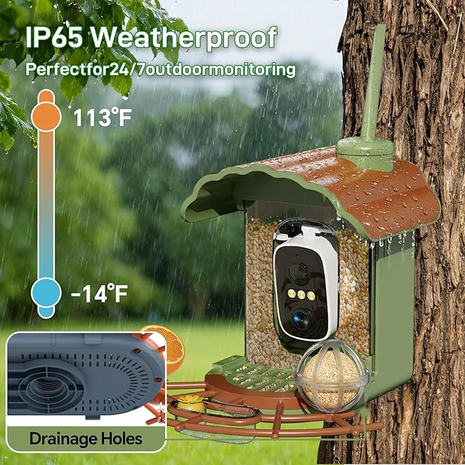 Smart Bird Feeder with Camera Solar Powered: 2K HD Video Wireless Outdoor Bird House Camera, AI Bird Species Identification & Arrival Alerts, Ideal Gift for Bird Lovers - Green