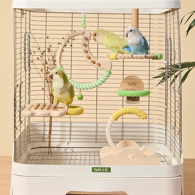 Natural Bird Swing - Tree-Shaped Parrot Perch with Bell and Cork Toys, Spinning Wooden Stand for Parakeets, Budgies, Lovebirds and Small/Medium Birds (White + Blue)