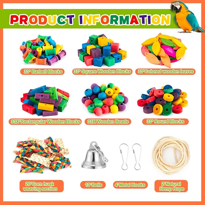 Shappy Large Bird Toy Making Kit, 228 Pcs DIY Parrot Toys Supplies, Natural Wood Chewing Blocks Beads Rope Bell Set for Macaw, Cockatiel, African Grey, Parakeet Cage Enrichment