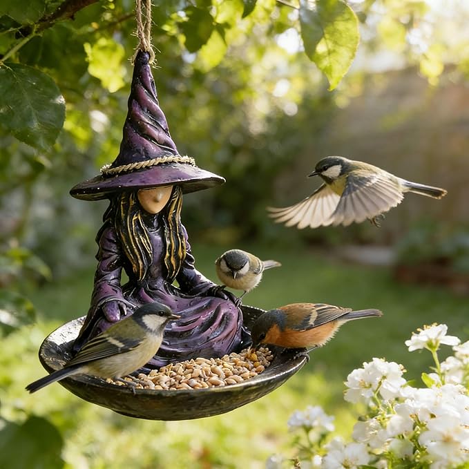 Meditating Witch Garden Bird Feeder,Creative Purple Resin Witch Hat Hanging Feeder,Witchs Garden Bird Feeders for Outdoors,Resin Birdfeeder Statue with Rope Hanger for Patio Backyard Lawn GardenDecor