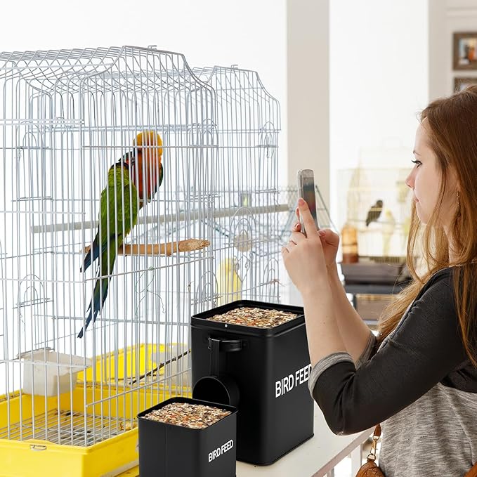Reallnaive 2 Pcs Metal Bird Seed Container with Scoop, Bird Feed Storage Container with Fitted Lid, Farmhouse Style Ideal Gift for Birds and Pet Owners(Black)