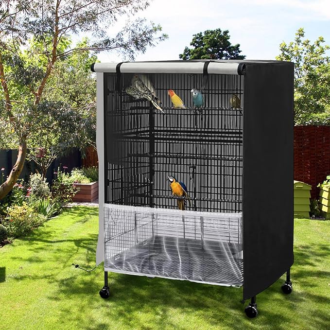 Bird Cage Cover, 600D Universal Parrot Cage Cover for Night, 100% Shading Oxford Cloth with Waterproof PU Coating Layer, Adjustable Soft Airy Nylon Mesh Net