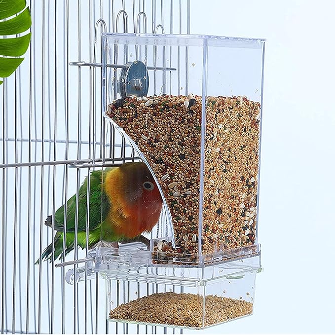 kathson No-Mess Bird Feeder Parrot Integrated Automatic Feeder Seed Food Container Acrylic Finch Foraging Feeders with Perch Cage Accessories for Small Birds Parakeet Canary Cockatiel Lovebirds