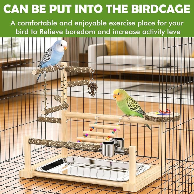 Bird Playground, Parrot Playstand Cockatiel Playground, Bird Play Stand with Feeder Cups, Swings, Ladder and Removable Tray, Parrot Perch Stand for Parakeet Conure Lovebird Budgie