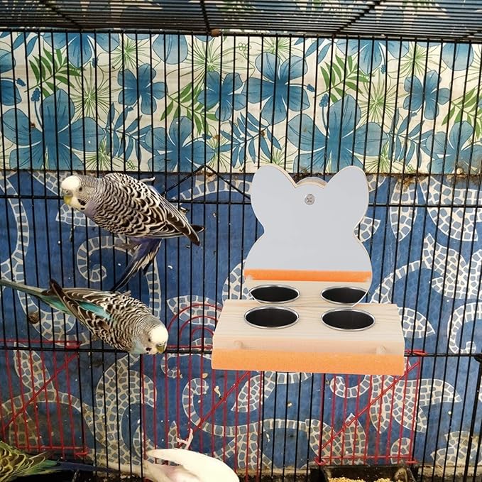 Parrot Mirror with Water Food Bowl or Bird Cage Feeding Wood Holder Cage Accessory Feeding Bowl Parakeet Toys for Parrots, Cockatiels, and Budgies