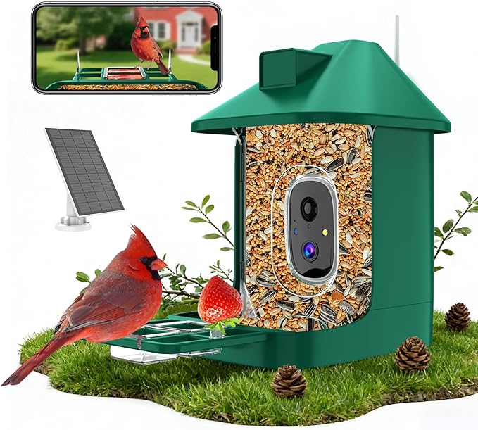 Bird Feeder with Camera,2K Live View,WiFi Smart Bird House with Cam Solar Powered for Outdoor,Night Vision,AI Identify,Auto Record Video,Real-Time App Alerts,Birdwatching Gifts for Family,Birds Lover