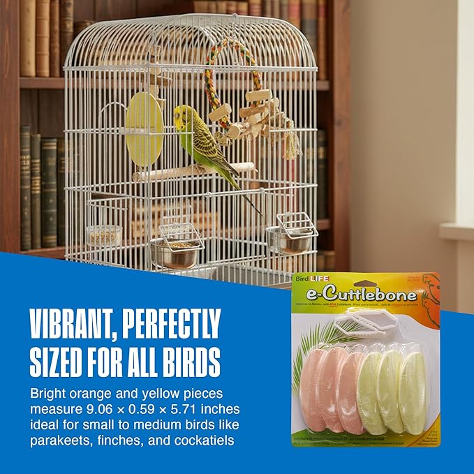 Penn-Plax Bird-Life E-Cuttlebone Flavored, 1 Pk (6 Counts) - Mango & Banana - Durable, Less Brittle Cuttlebones Enriched with Omega 3 and Vitamin B1 - 2 Cage Clips -For All Bird Sizes -Orange & Yellow