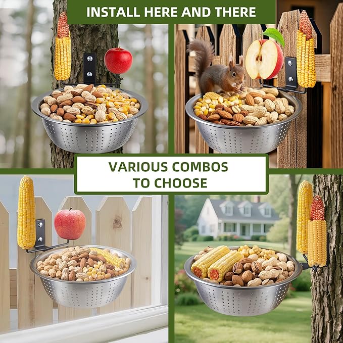 Squirrel Feeder with 8.5" Colander Bowl Tree/Fence Mounted, 2 Corn Cob Spikes for Various Food Backyard, Metal Squirrel Feeders for Outside, Removable Feed Bowl Nice to Clean/Refill,1 Set