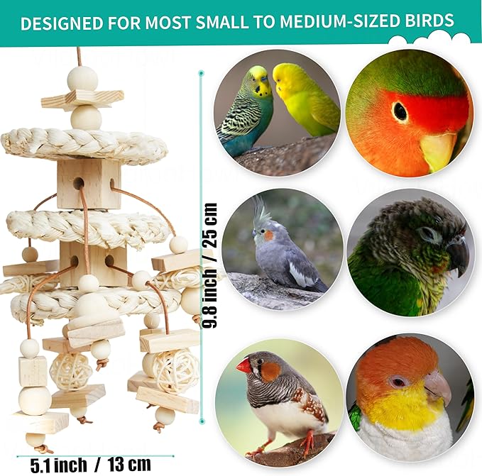 Natural Bird Toys for Quaker Parrot, Lovebird, Parakeet, Cockatiel & Conure – for Chewing, Shredding & Foraging, Corn Husk, Wood & Vine with Leather Cord for Small & Medium Birds