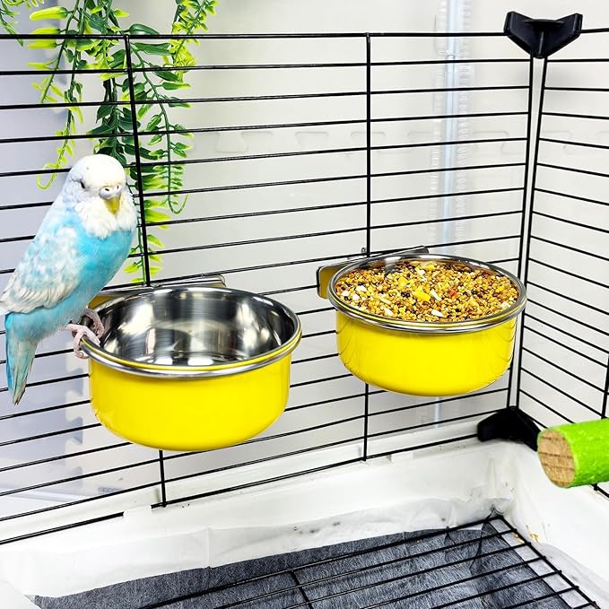 Kathson 3Pcs Stainless Steel Bird Bowls, Parakeet Food Dish Parrot Cage Feeder with Clamp Holder Small Bird Feeding Cup Pet Bird Feeder for Parakeet Cockatiels Conure Budgies Chinchilla Small Animal