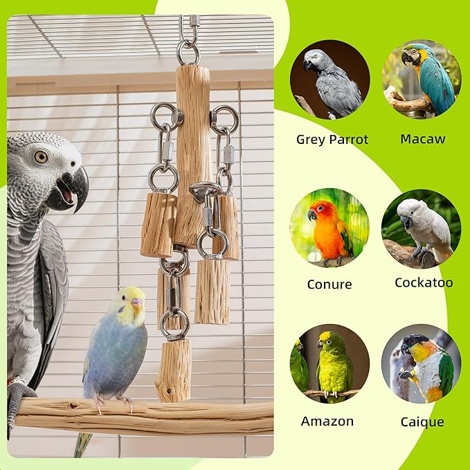 Natural Hardwood Parrot Chew Toy for Large Birds, Heavy Duty Wooden Bird Toy with Stainless Steel Hardware, Cage Hanging Enrichment Toy for Macaws, Cockatoos, African Greys