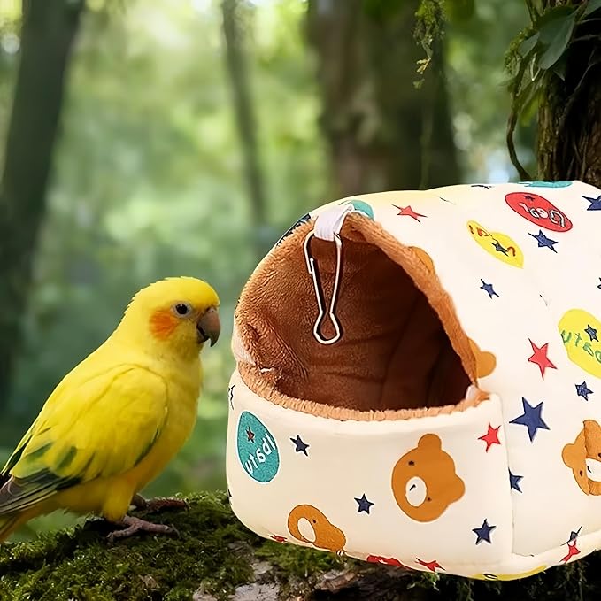 Warm Bird Nest House Plush Birds Hut Bed Hanging Hammock Sleeping Bed Bird Snuggle Cave Hanging Tent for Parrot Parakeet Cockatiel Conure African Grey Macaw-Bear