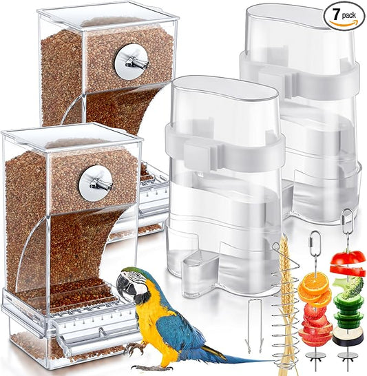 Jingmore 7 Pcs No Mess Small Bird Feeders Set Automatic Clear Parakeet Feeder and Watered Dispenser Cage Accessories Stainless Steel Fruit Vegetable Skewer Foraging for Lovebirds Budgies Finch