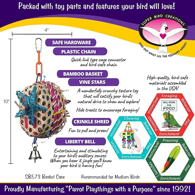 Super Bird Creations SB573 Basket Case Bird Toy - Ringnecks, Cockatiels, Parakeets, Parrots - Foraging Bird Toy with Colorful Paper Shred, Vine Stars, & Wooden Beads - for Medium Bird Size - 10" x 4"