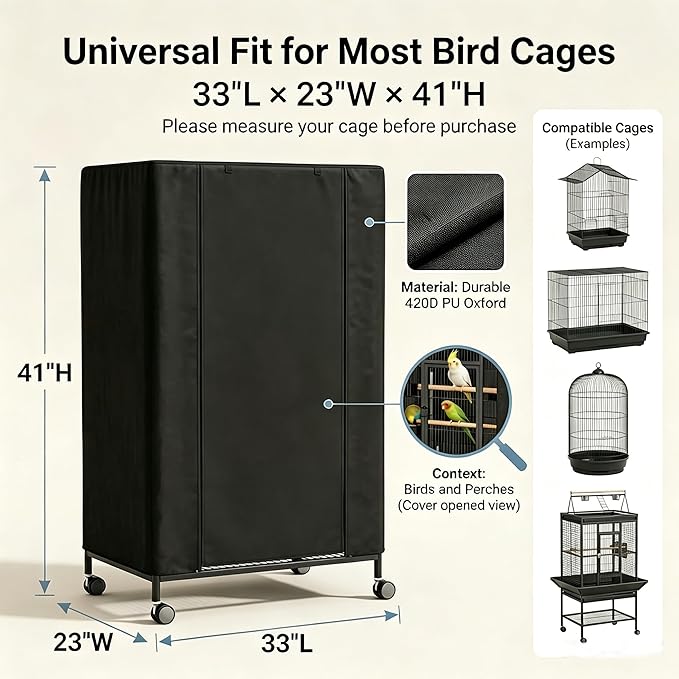 Universal Bird Cage Cover,Good Night Bird Cage Cover Good Night Blackout Breathable Cover with Zipper Panel for Parrot Parakeet Cockatiel Cages, Washable & Durable (33L x 23Wx 41H Inches)