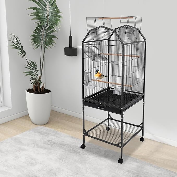Large Bird Cage with Stand & Wheels, Freestanding Parakeet Birdcage, 53.5 Inch Bird Flight Cages for Parrot Canaries Cockatiels Budgie Parrotlet (Black-B)
