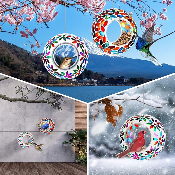 2 Pcs Mosaic Glass Hanging Bird Feeder Round Fly Through Balcony Bird Feeder for Backyard Window Outdoor Garden Deck Porch Decor