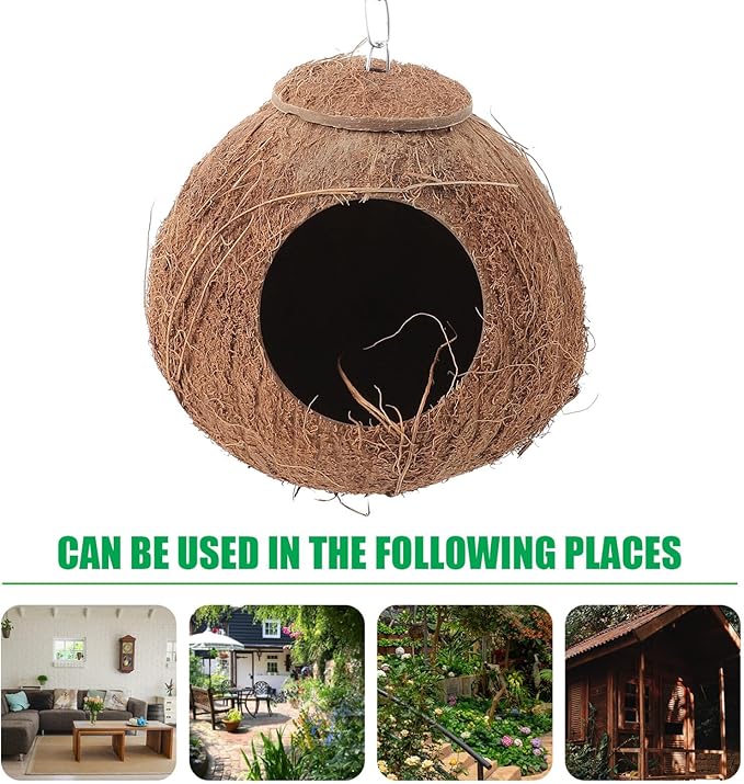 Natural Coconut Shell Bird Nest,Hanging House,Parrots Hide Hut Habitats Decor,Parrot Cage Accessories for Lovebirds Cockatiel Canary Budgies