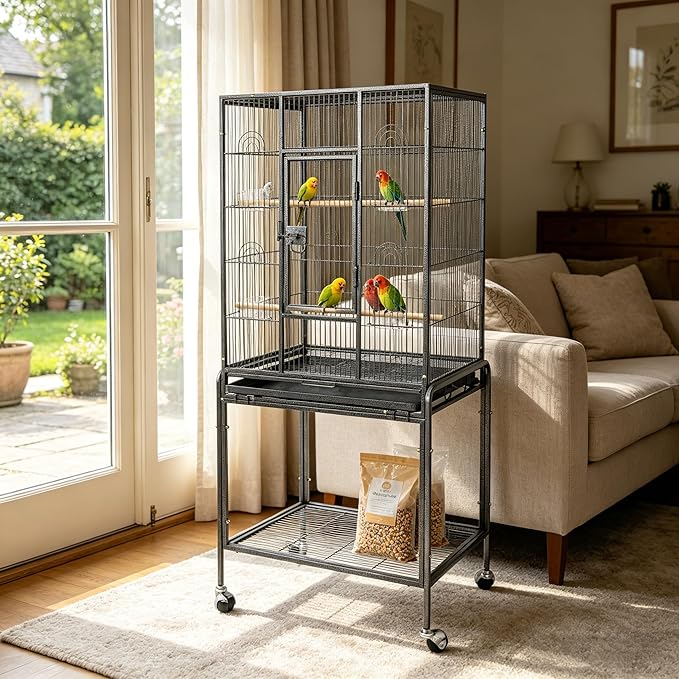 53-Inch Standing Wrought Iron Birdcage Large Parrot Flight Bird Cage with Rolling Stand Birdcages for Cockatiels African Grey Quaker Lovebird Canary Budgie Finch